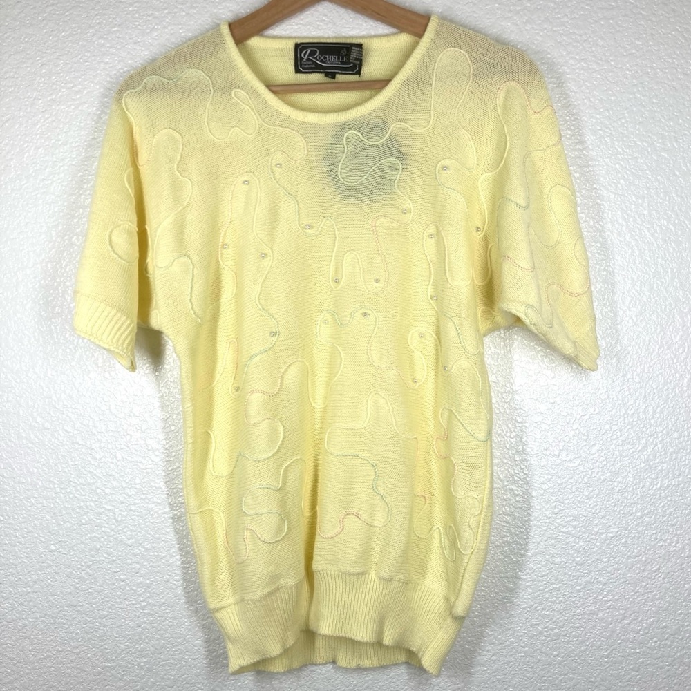 Vintage 80s Rochelle California Cottagecore Short Sleeve Sweater Small Yellow